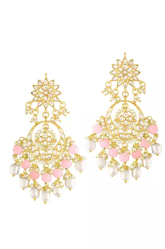 Gold plated kundan & pink beads studded dangle earrings ethnic jewellery gift for women & girls