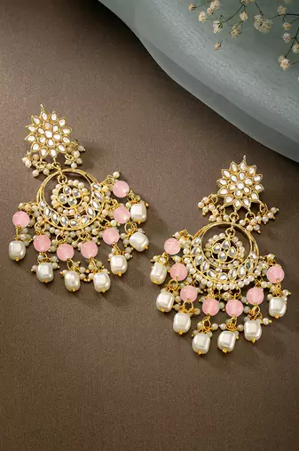 Gold plated kundan & pink beads studded dangle earrings ethnic jewellery gift for women & girls