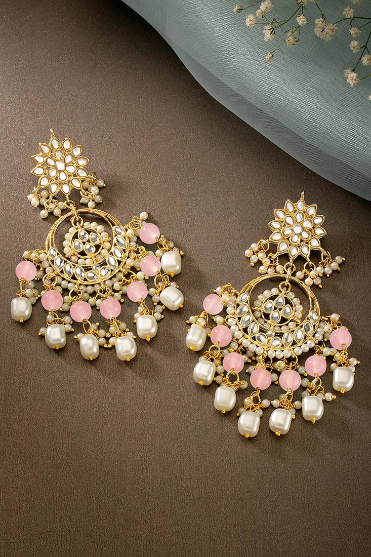 Gold plated kundan & pink beads studded dangle earrings ethnic jewellery gift for women & girls