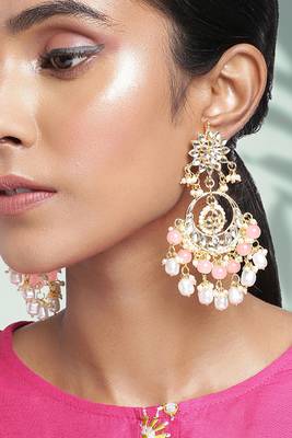 Gold plated kundan & pink beads studded dangle earrings ethnic jewellery gift for women & girls 3