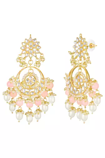 Gold plated kundan & pink beads studded dangle earrings ethnic jewellery gift for women & girls