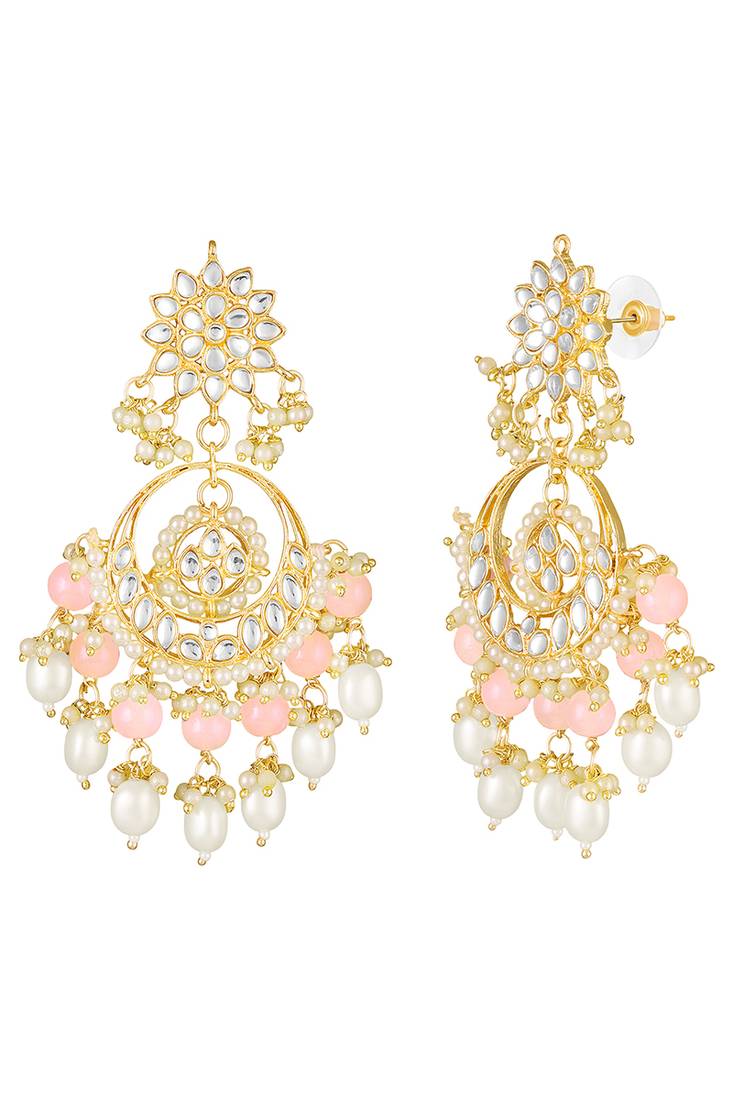 Gold plated kundan & pink beads studded dangle earrings ethnic jewellery gift for women & girls