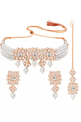Rose gold plated kundan & beads studded necklace earrings maangtikka set ethnic jewellery for women & girls