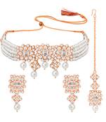 Rose gold plated kundan & beads studded necklace earrings maangtikka set ethnic jewellery for women & girls