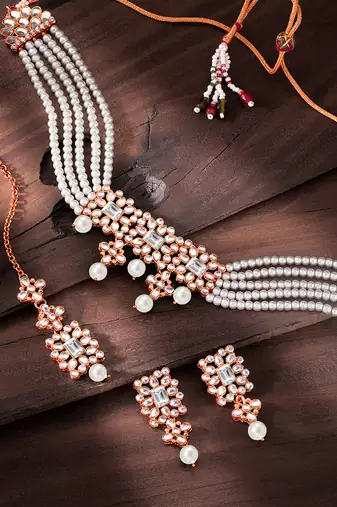 Rose gold plated kundan & beads studded necklace earrings maangtikka set ethnic jewellery for women & girls