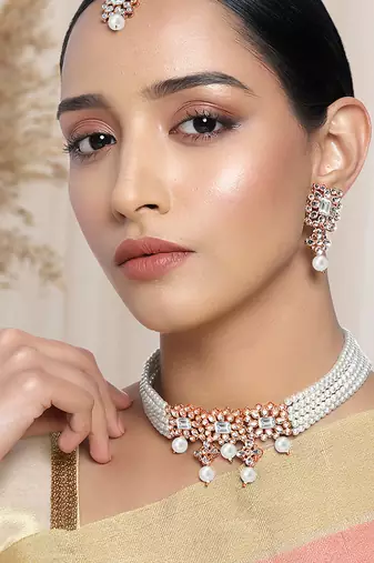 Rose gold plated kundan & beads studded necklace earrings maangtikka set ethnic jewellery for women & girls