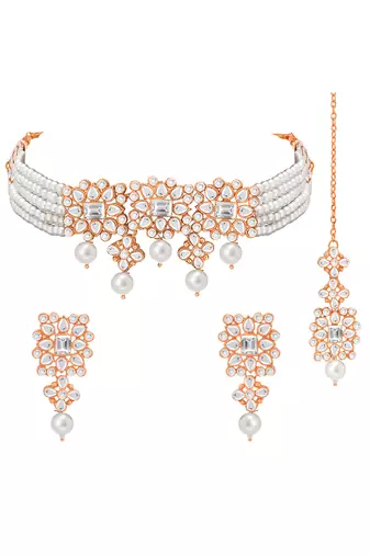 Rose gold plated kundan & beads studded necklace earrings maangtikka set ethnic jewellery for women & girls