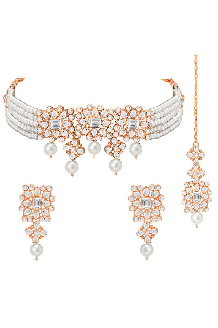 Rose gold plated kundan & beads studded necklace earrings maangtikka set ethnic jewellery for women & girls