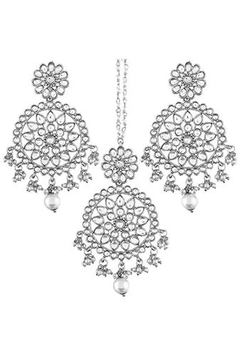 Silver plated kundan & lariya studded maangtikka & dangle earrings set ethnic jewellery for women girls