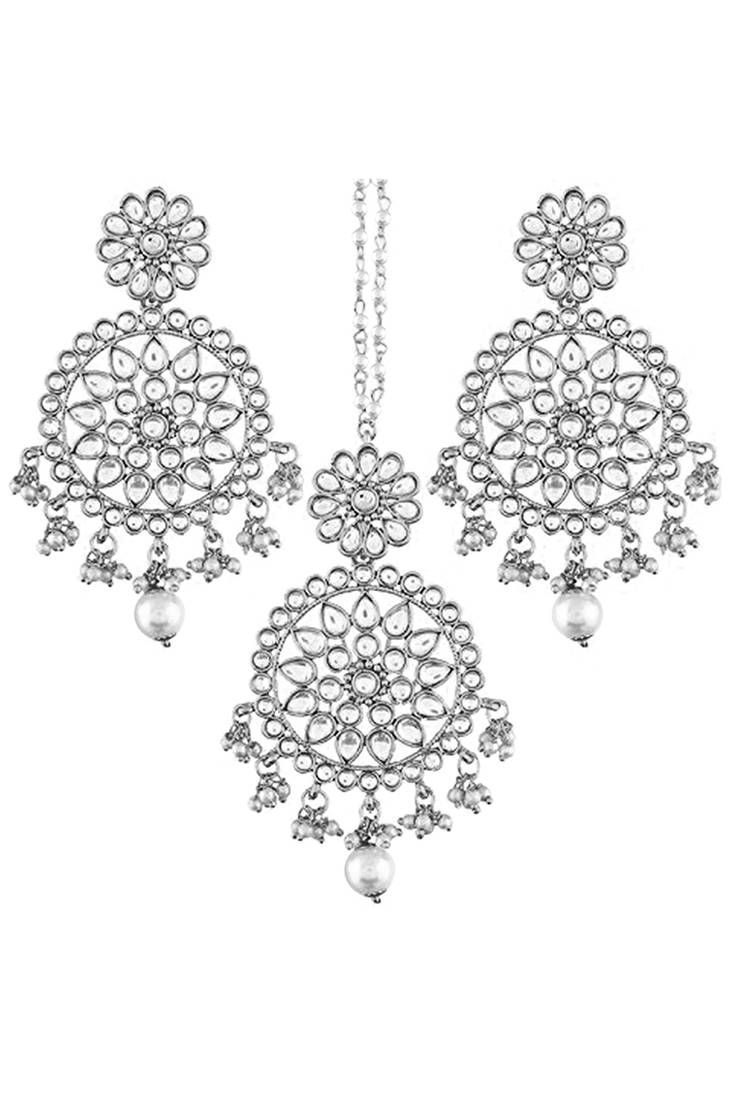 Silver plated kundan & lariya studded maangtikka & dangle earrings set ethnic jewellery for women girls
