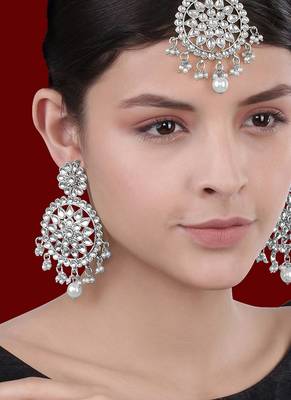 Silver plated kundan & lariya studded maangtikka & dangle earrings set ethnic jewellery for women girls 2