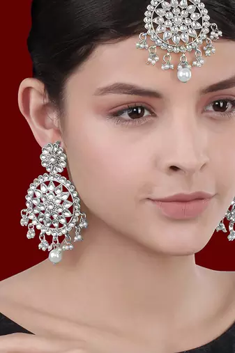 Silver plated kundan & lariya studded maangtikka & dangle earrings set ethnic jewellery for women girls