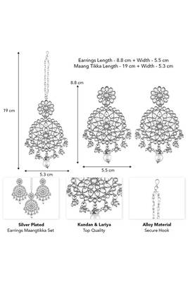 Silver plated kundan & lariya studded maangtikka & dangle earrings set ethnic jewellery for women girls 3