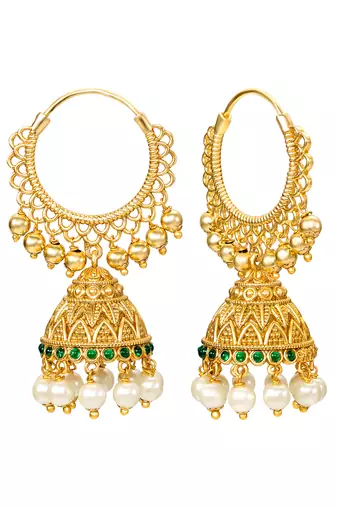 Green crystals & beads studded gold plated jhumka earrings ethnic jewellery for women & girls