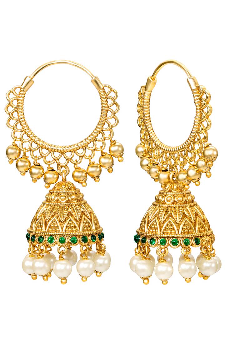 Green crystals & beads studded gold plated jhumka earrings ethnic jewellery for women & girls
