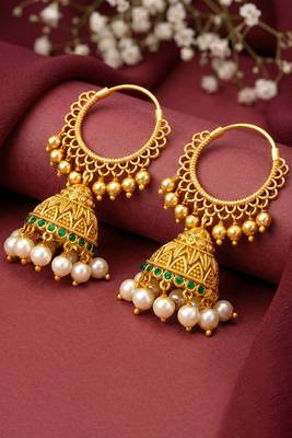 Green crystals & beads studded gold plated jhumka earrings ethnic jewellery for women & girls 2