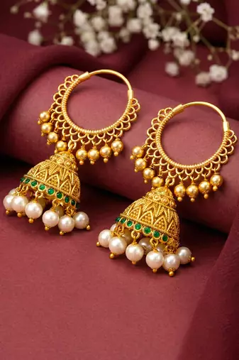 Green crystals & beads studded gold plated jhumka earrings ethnic jewellery for women & girls