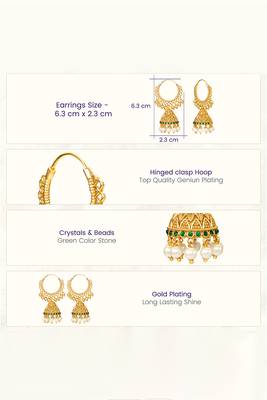 Green crystals & beads studded gold plated jhumka earrings ethnic jewellery for women & girls 3