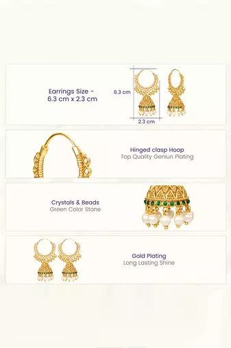 Green crystals & beads studded gold plated jhumka earrings ethnic jewellery for women & girls