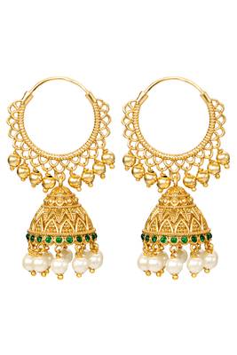 Green crystals & beads studded gold plated jhumka earrings ethnic jewellery for women & girls 4
