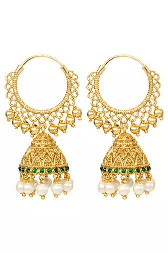 Green crystals & beads studded gold plated jhumka earrings ethnic jewellery for women & girls
