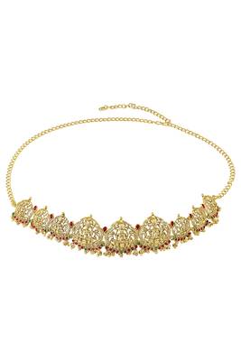 Gold plated rani pink green faux ruby faux emerald studded belly chain kamarbandh ethnic jewellery for women 1