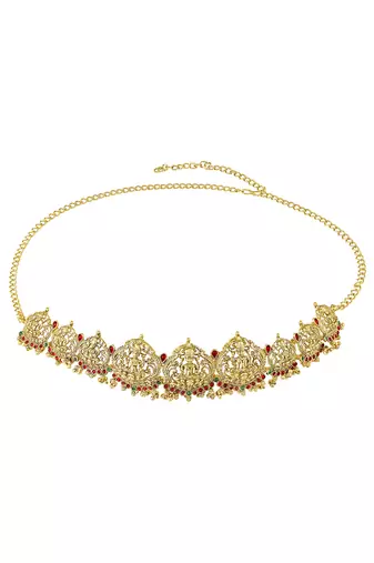 Gold plated rani pink green faux ruby faux emerald studded belly chain kamarbandh ethnic jewellery for women