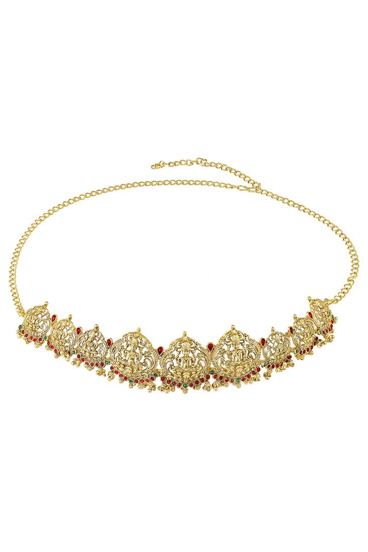 Gold plated rani pink green faux ruby faux emerald studded belly chain kamarbandh ethnic jewellery for women