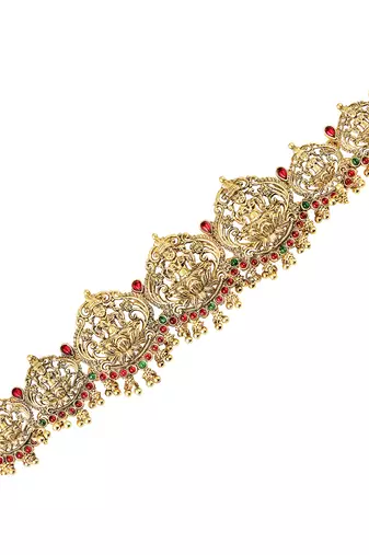 Gold plated rani pink green faux ruby faux emerald studded belly chain kamarbandh ethnic jewellery for women