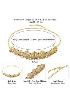 Gold plated rani pink green faux ruby faux emerald studded belly chain kamarbandh ethnic jewellery for women 3