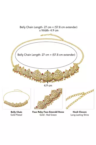 Gold plated rani pink green faux ruby faux emerald studded belly chain kamarbandh ethnic jewellery for women