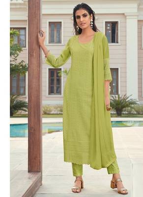 Green chikankari embroidered georgette readymade straight kurta set with dupatta 1