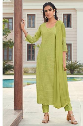 Green chikankari embroidered georgette readymade straight kurta set with dupatta