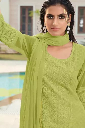 Green chikankari embroidered georgette readymade straight kurta set with dupatta