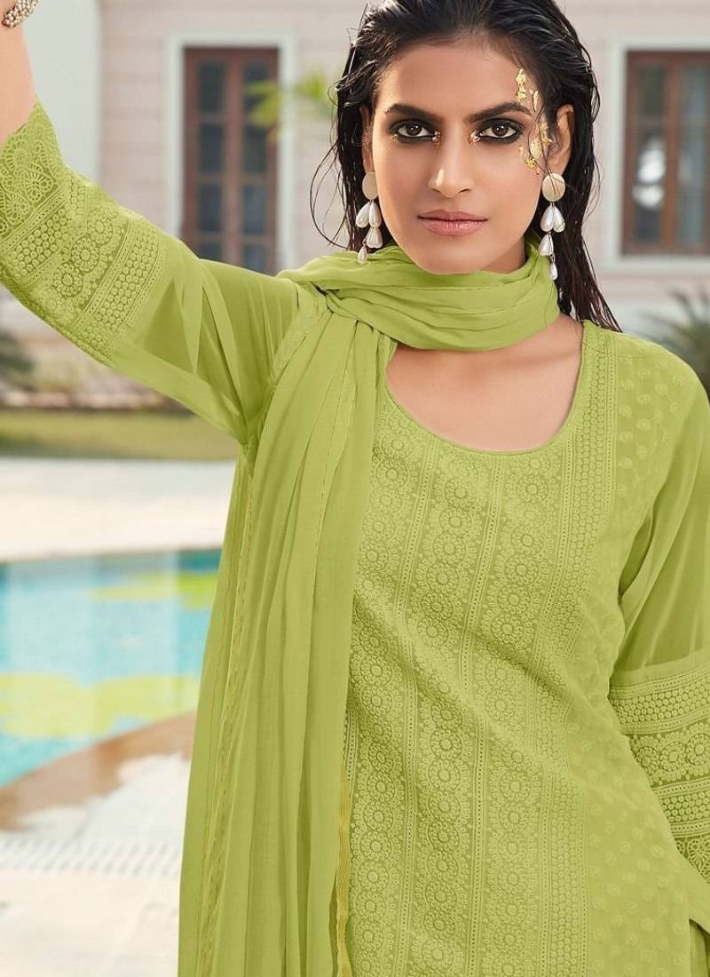 Green chikankari embroidered georgette readymade straight kurta set with dupatta