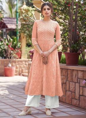 Peach lucknowi embroidered georgette readymade anarkali palazzo suit set 1