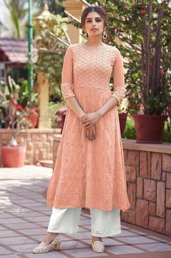 Peach lucknowi embroidered georgette readymade anarkali palazzo suit set