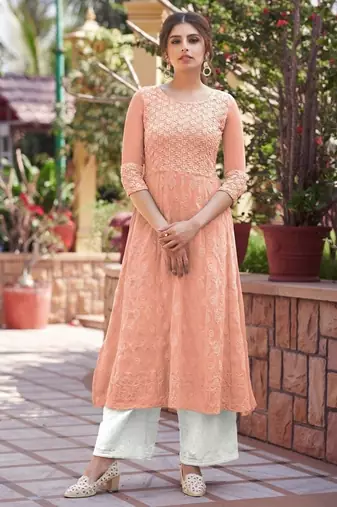 Peach lucknowi embroidered georgette readymade anarkali palazzo suit set