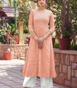 Peach lucknowi embroidered georgette readymade anarkali palazzo suit set