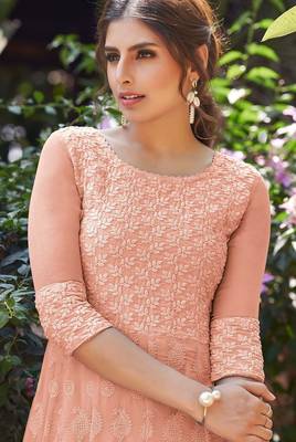 Peach lucknowi embroidered georgette readymade anarkali palazzo suit set 2