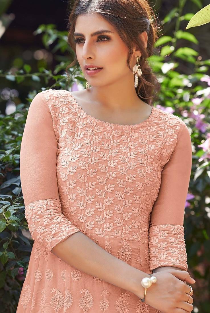 Peach lucknowi embroidered georgette readymade anarkali palazzo suit set