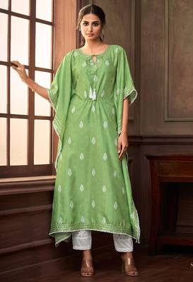 Green embroidered art silk readymade kaftan suit set 1