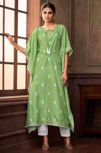 Green embroidered art silk readymade kaftan suit set