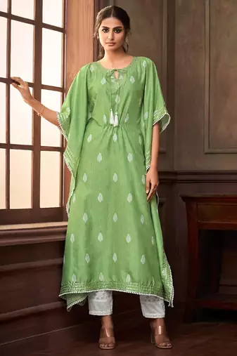 Green embroidered art silk readymade kaftan suit set