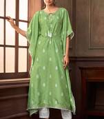 Green embroidered art silk readymade kaftan suit set