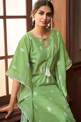 Green embroidered art silk readymade kaftan suit set