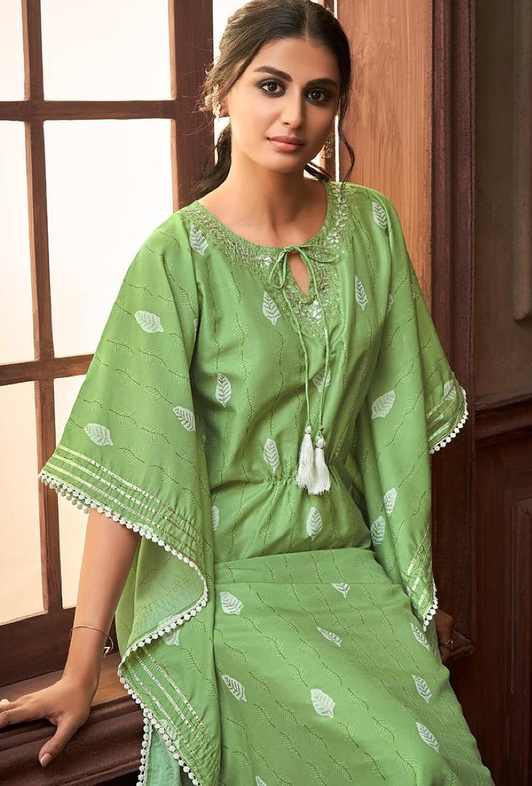 Green embroidered art silk readymade kaftan suit set
