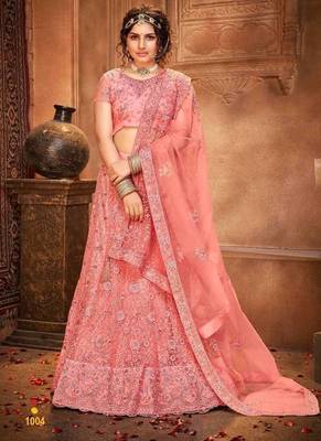 Pink Embroidered Net Semi-Stitched Floral Pattern Lehenga Choli with Dupatta 1