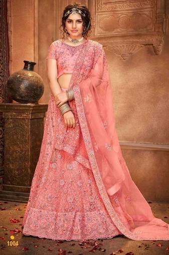 Pink Embroidered Net Semi-Stitched Floral Pattern Lehenga Choli with Dupatta