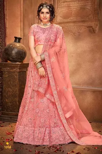 Pink Embroidered Net Semi-Stitched Floral Pattern Lehenga Choli with Dupatta